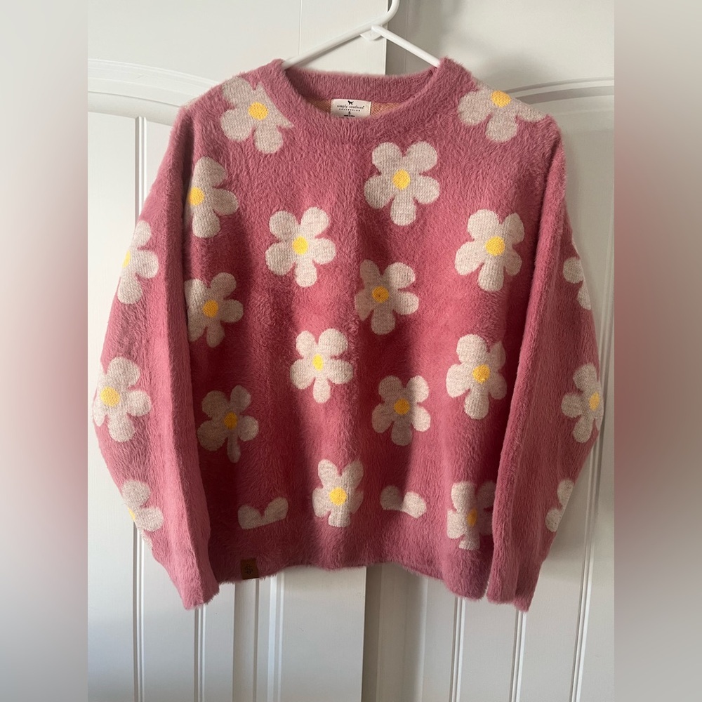 Simply Southern Charming Fuzzy Pink Floral Crew Neck Sweater, Women’s Sz S - Picture 1 of 5